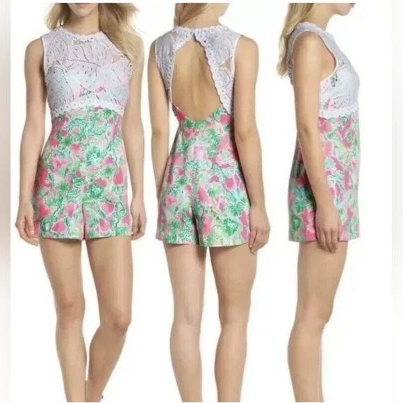 Rare Lilly Pulitzer Sadie Romper White Lace Raz Berry Catty Shack Sz 6 $198 - Picture 9 of 10